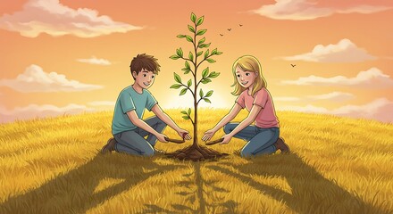 Fototapeta premium Children Planting a Tree in a Field at Sunset