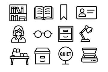 Library icons set: books, librarian, id, desk, lamp, glasses, file cabinet, quiet sign