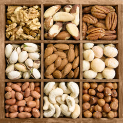 Assorted nuts in a wooden box (from top left: walnut, brazil nut, pecan, pistachios, almond, macadamia, peanut, cashew, hazelnut)