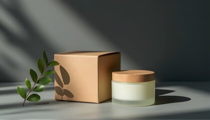 Frosted glass jar with wood lid, kraft box, green branch on deep charcoal background, side daylight, bold minimal style. 16:9