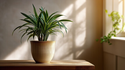 Fototapeta premium Lush House Plant in Ceramic Pot with Soft Sunlight