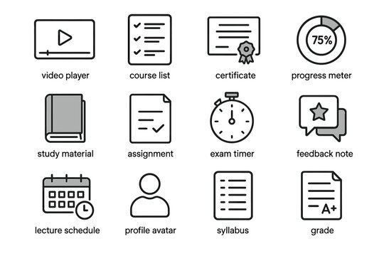 Educational icons set: courses, exams, certificates, feedback, timers