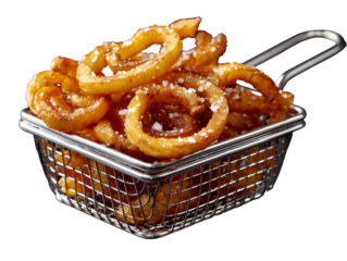 Close-Up of Curly Fries in Metal Basket with Salt Crystals, Side Angle, Gourmet Style, Isolated on Transparent Background