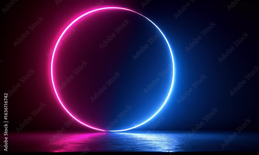 Wall mural neon light effect with a glowing circular frame on a dark background, blue and pink neon lines in th
