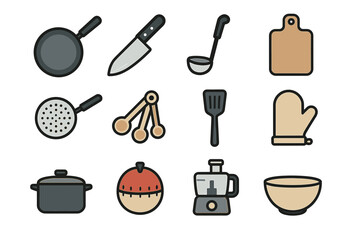 Collection of essential kitchen utensils and tools for cooking and baking