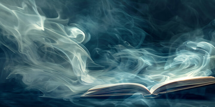 "Open Book with Swirling Smoke Against a Dark Background"

