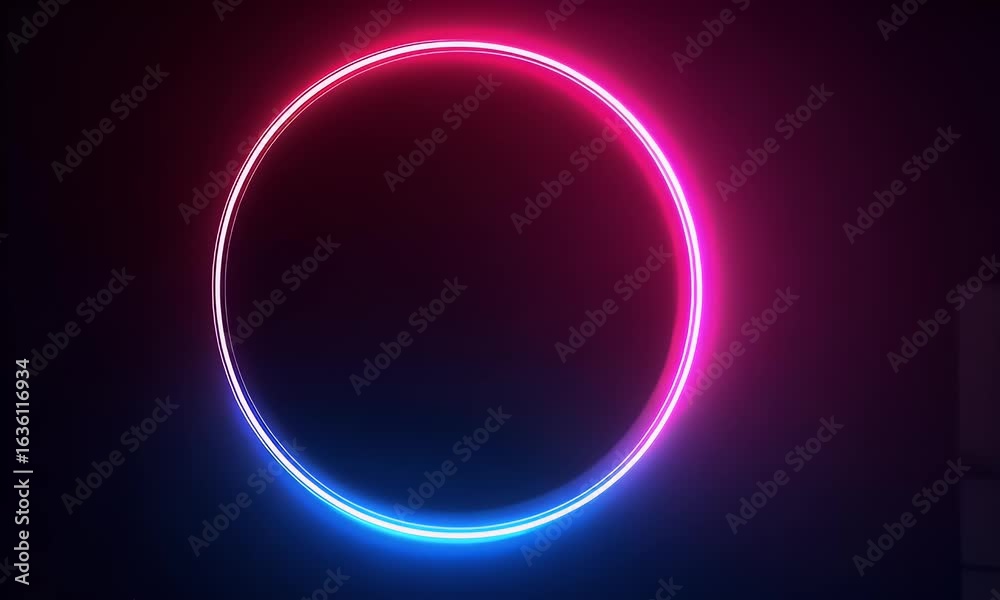 Wall mural neon light effect with a glowing circular frame on a dark background, blue and pink neon lines in th