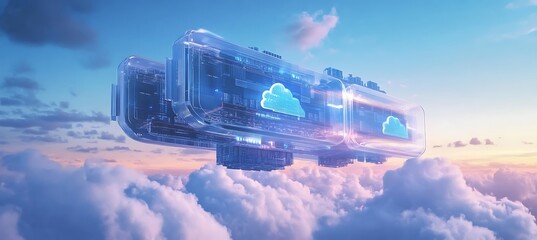 A floating transparent data center in the sky symbolizing cloud technology