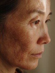 Obraz premium A close-up profile of a mature woman, highlighting her textured skin and thoughtful expression, conveying a sense of wisdom and experience.