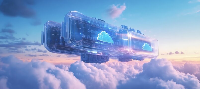 A floating transparent data center in the sky symbolizing cloud technology 