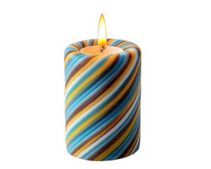 Colorful striped candle with melted wax and warm flame, featuring blue, yellow, orange, and white swirls, creating cozy and vibrant atmosphere for home decor or relaxation