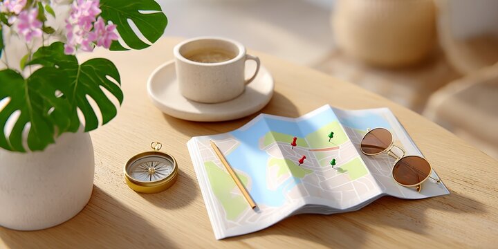Travel planning scene with map, compass, sunglasses, coffee, and plant on wooden table