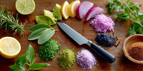 Culinary ingredients on wooden surface with knife and herbs display
