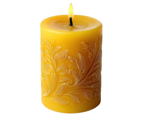 Decorative candle yellow wax floral pattern carved design cylindrical shape glowing flame intricate detail home decor relaxation elegant style create warm and inviting atmosphere
