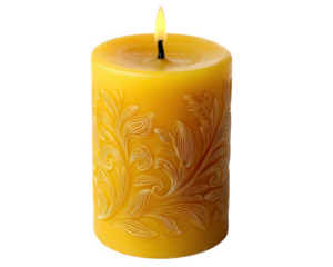 Decorative candle yellow wax floral pattern carved design cylindrical shape glowing flame intricate detail home decor relaxation elegant style create warm and inviting atmosphere