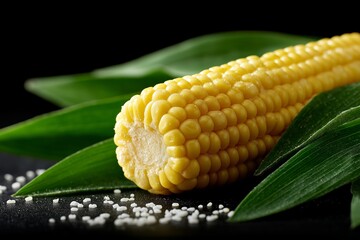 Obraz premium Fresh golden corn on cob with green leaves and salt grains close-up on black background