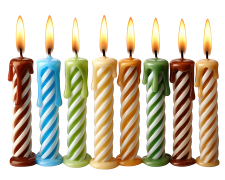 Colorful striped candle set with melted wax, burning flames, and vibrant hues, creating festive and cheerful atmosphere for celebration or decoration