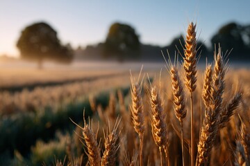 Golden wheat field at sunrise with trees in the distance