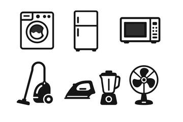 Home appliances icons: washing machine, refrigerator, microwave, vacuum, iron, blender, fan