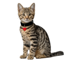 Tabby cat with black velvet collar and red heart charm sitting, looking curious and calm, isolated on transparency background, short fur, domestic pet, adorable and friendly