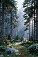 Obraz premium Enchanting sunlit forest with tall pines and moss-covered rocks