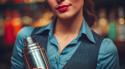 A stylish bartender holds a cocktail shaker, showcasing a vibrant bar atmosphere filled with colorful bottles in the background.