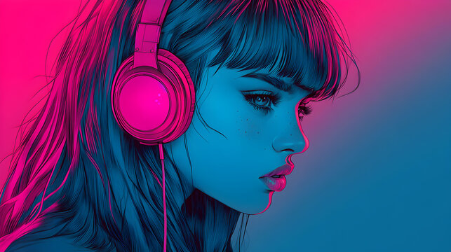 Vibrant cartoon illustration of a beautiful anime girl immersed in lofi hip hop music via headphones, manga-inspired art style highlighting calm emotions and youthful creativity