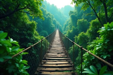 Obraz premium High above jungle canopy, rickety suspension bridge sways , mountains, wilderness