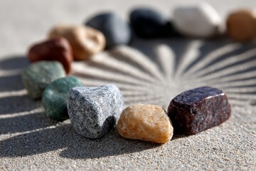 Fototapeta premium Close-up of colorful stones arranged in a circle on sandy surface with shadows