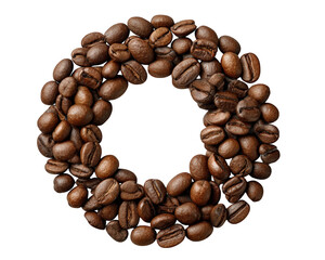 Circle of roasted coffee bean arranged in wreath shape, isolated on transparency background, symbolizing freshness and energy, perfect for cafe or breakfast themes