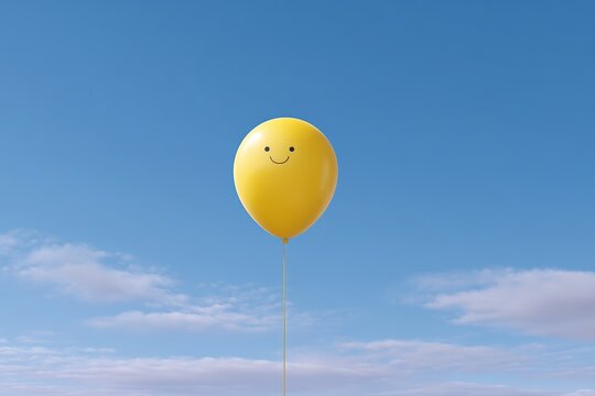 Yellow smiley balloon floating in clear blue sky with white clouds