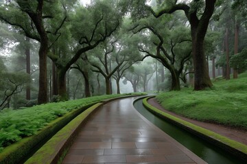 Obraz premium Serene pathway through misty forest with lush green trees and curved path