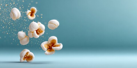 Flying popcorn kernels against blue background