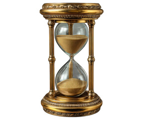 Classic hourglass with golden frame, clear glass, and flowing sand, symbolizing time, patience, and vintage elegance, isolated on transparency background