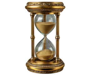 Classic hourglass with golden frame, clear glass, and flowing sand, symbolizing time, patience, and vintage elegance, isolated on transparency background