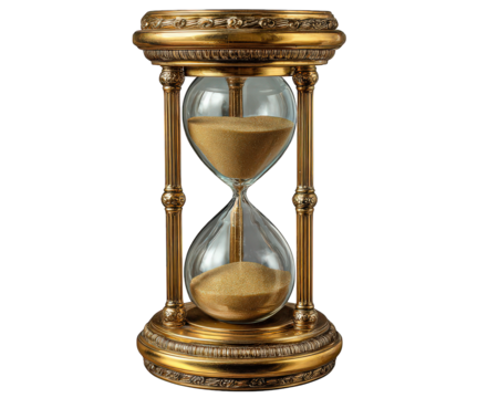 Classic hourglass with golden frame, clear glass, and flowing sand, symbolizing time, patience, and vintage elegance, isolated on transparency background