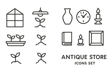 Obraz premium Antique store icons: vase, clock, candle, book, frame, plant, lamp, window