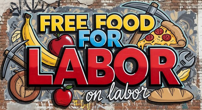 Free food for labor day celebration graffiti on brick wall art