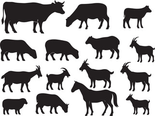 Fototapeta premium Diverse farm animals black silhouettes sheep goat