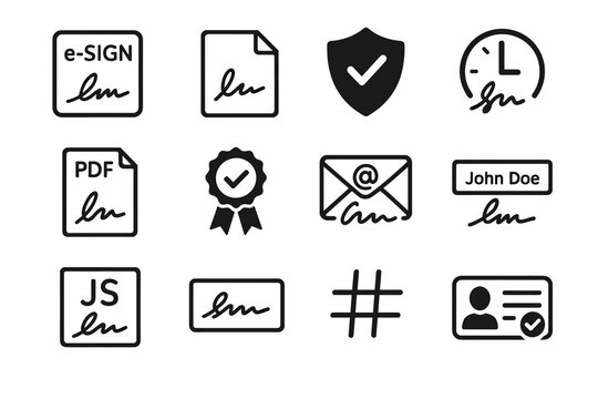 Set of e-sign and document icons featuring pdf, email, and security symbols