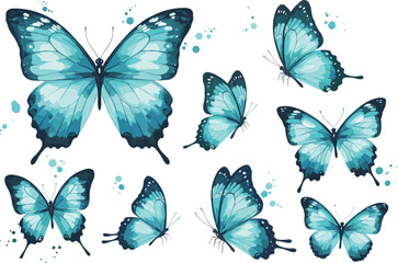 Blue butterfly illustration, white background, artistic paint splashes, gradient wings, flying butterflies, nature beauty, insect art, decorative design, elegant