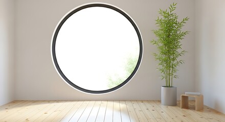 Minimalist room with circular window and bamboo plant decoration