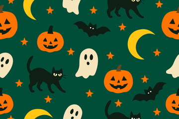 Colorful Halloween pattern with pumpkins, black cats, ghosts, bats, crescent moons, and stars on a dark green background.