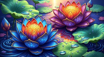 Beautiful lotus flowers in the water with lily pads and ripples