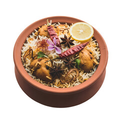 Flavorful Chicken Biryani in Aesthetic Pot Topped with Spices and Lemon Slice 