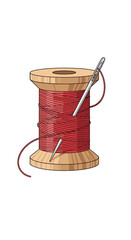 A close up view of a spool of red thread with two needles piercing through the spool a classic sewing tool