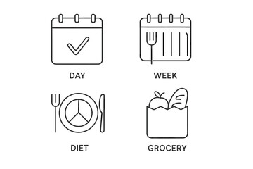 Calendar and food planning icons: day, week, diet, grocery