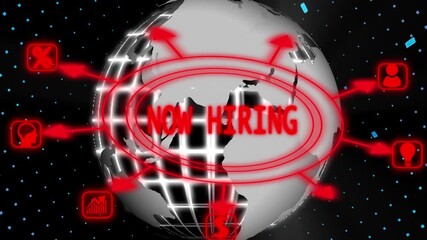 NOW HIRING inscription, modern technology, new business concept tee attached around the map icons assurance  background best business virtual  network world..