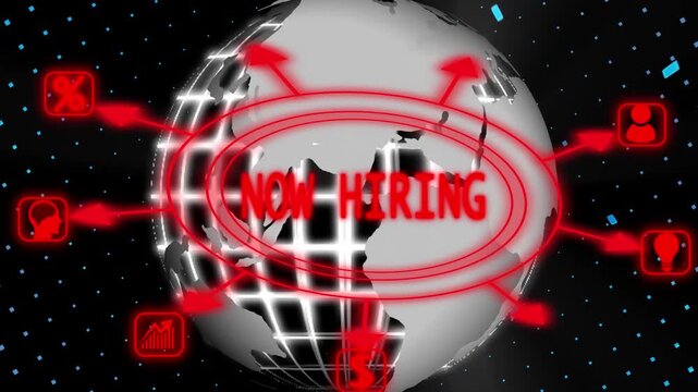 NOW HIRING inscription, modern technology, new business concept tee attached around the map icons assurance  background best business virtual  network world..