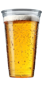 cold beer in plastic cup on transparent background	